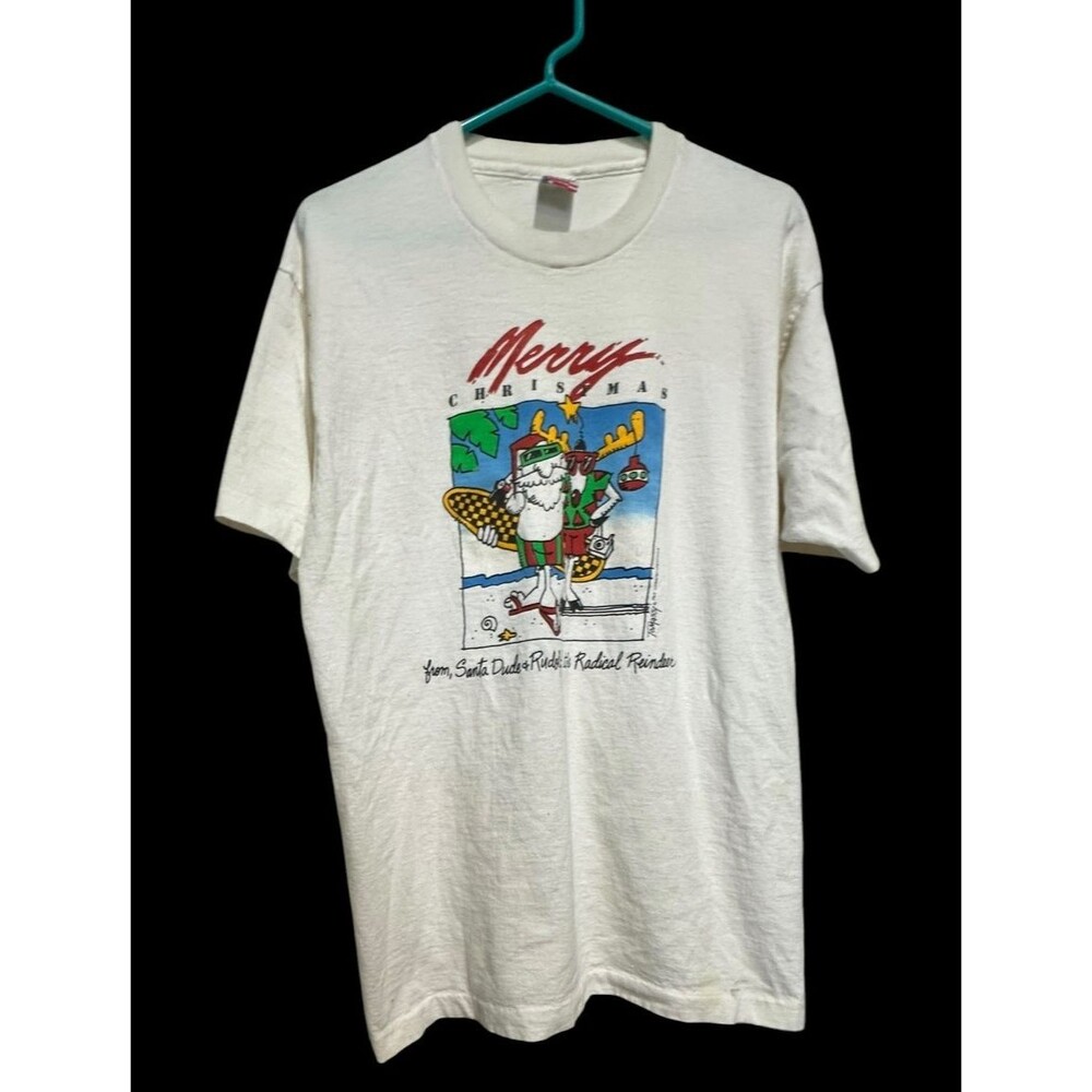 Vintage 90s Merry Christmas Santa Dude Radical Reindeer Men's XL T Shirt Surf